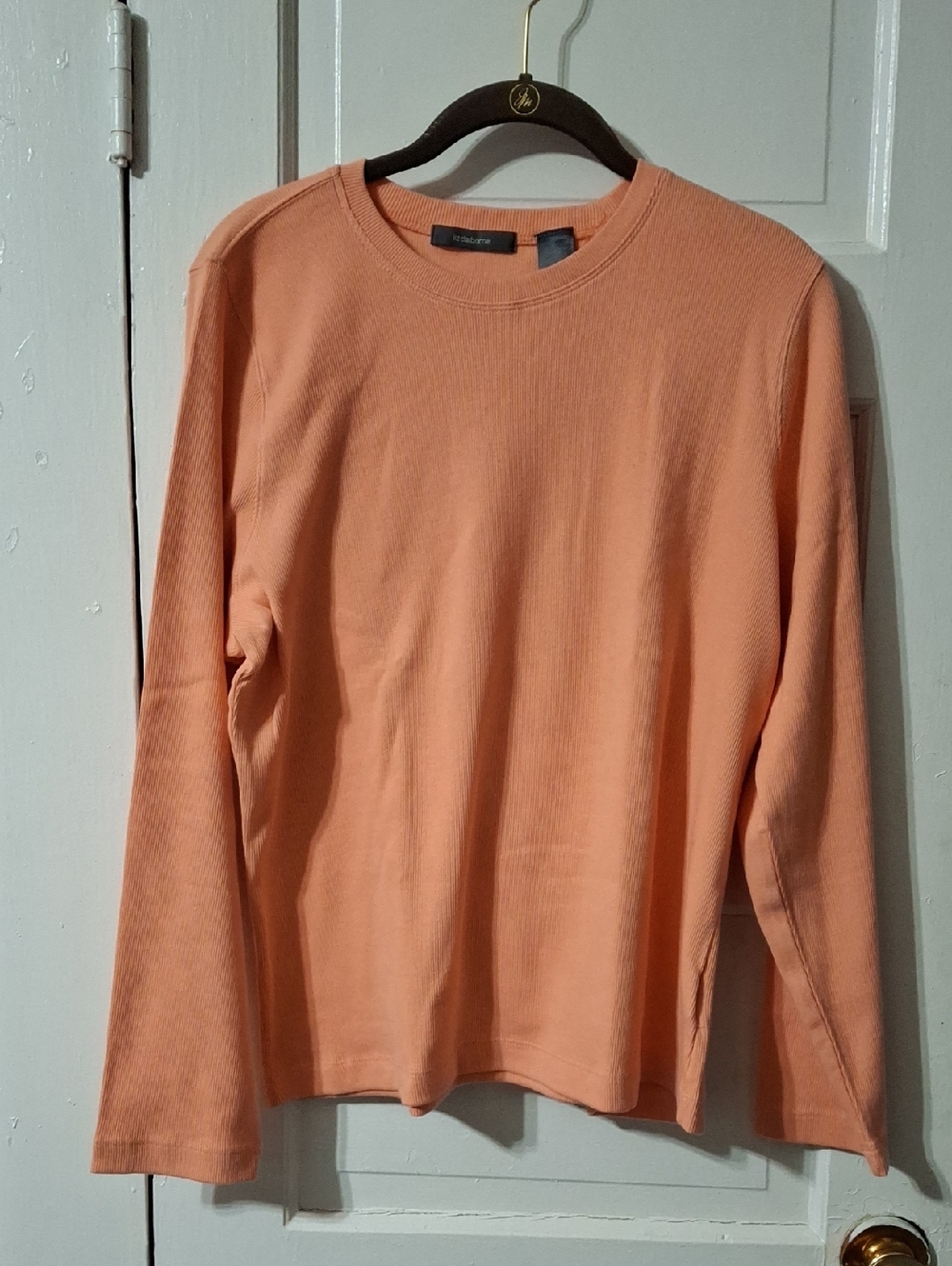 Liz Claiborne Peach Ribbed Long-Sleeve Crewneck Top (Mis170) - Picture 1 of 3